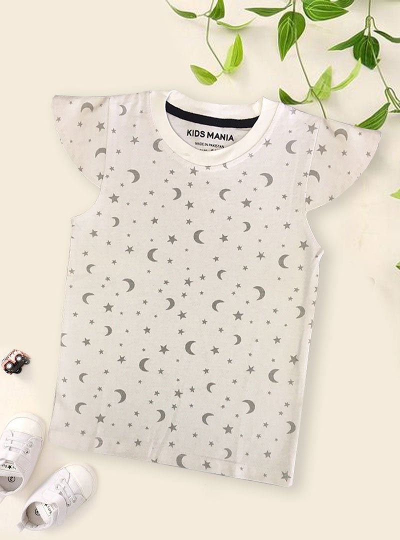 WHITE T'SHIRT PRINTED GREY MOON & STAR