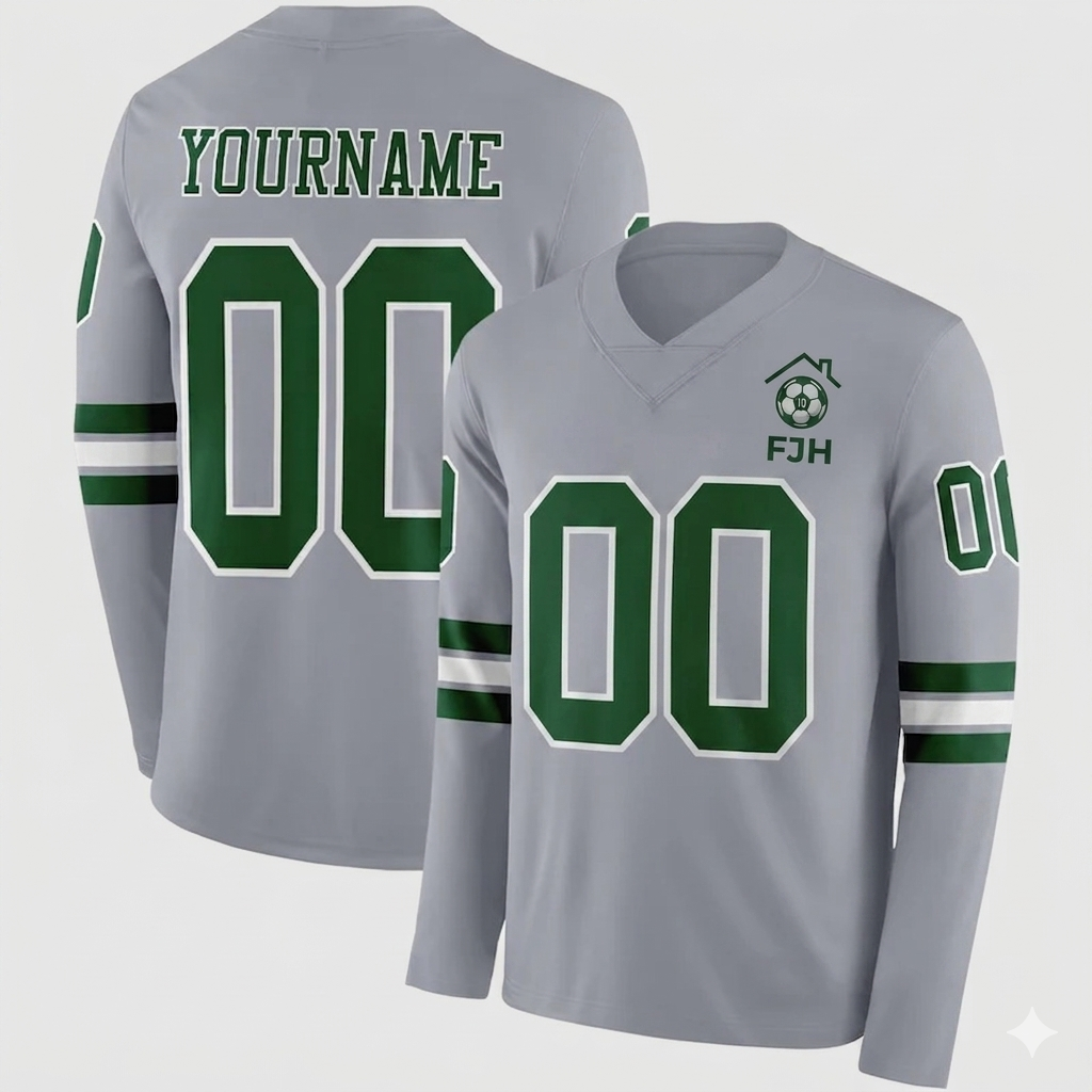 Custom Gray Green-White Long Sleeve Authentic Football Jersey image 1