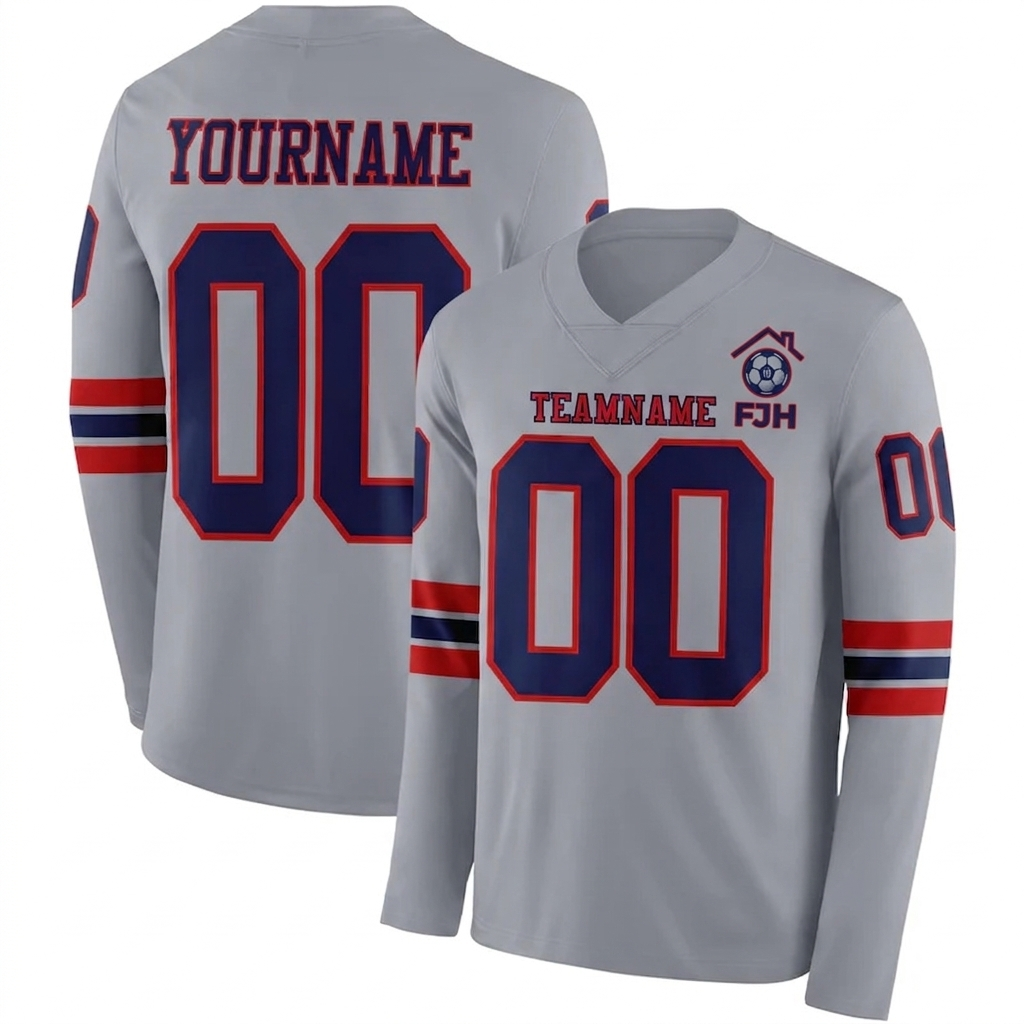 Custom Gray Navy-Red Long Sleeve Authentic Football Jersey image 0