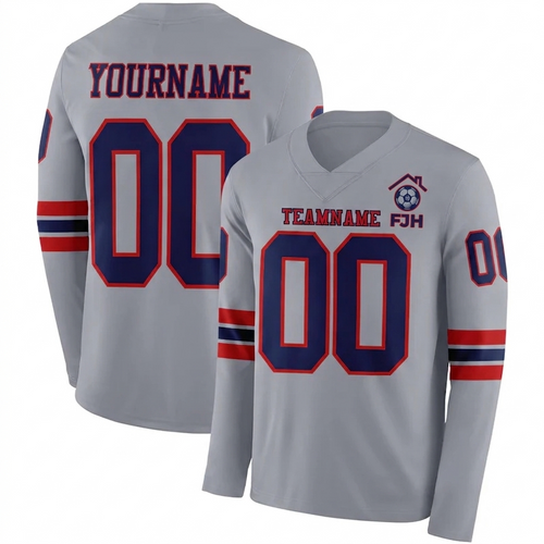 Custom Gray Navy-Red Long Sleeve Authentic Football Jersey image 1