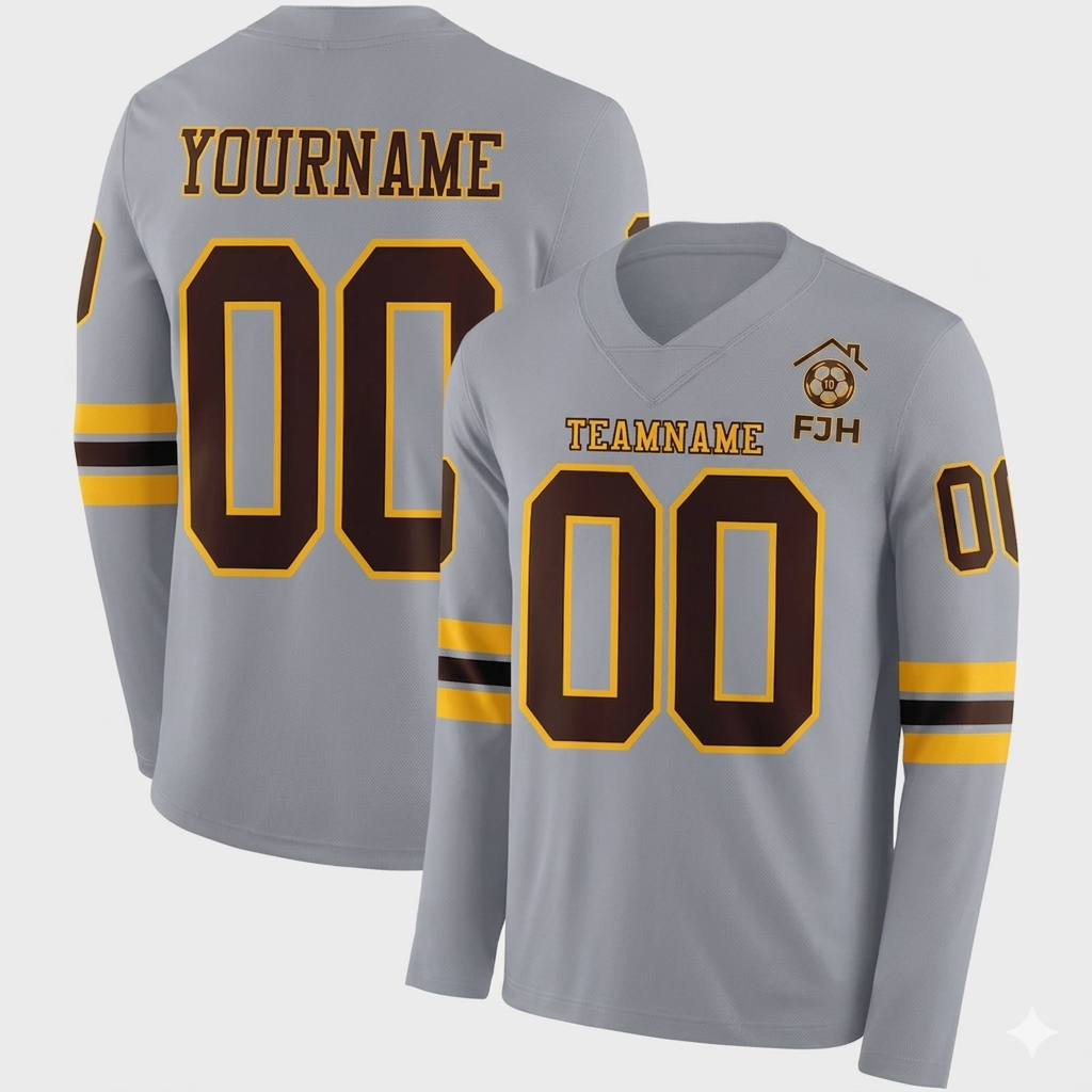 Custom Gray Brown-Gold Long Sleeve Authentic Football Jersey image 0