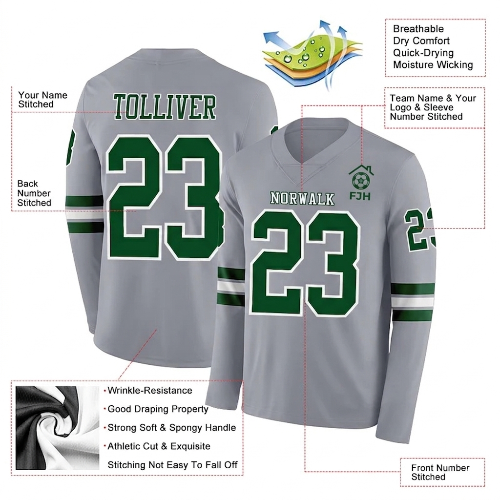 Custom Gray Green-White Long Sleeve Authentic Football Jersey image 2