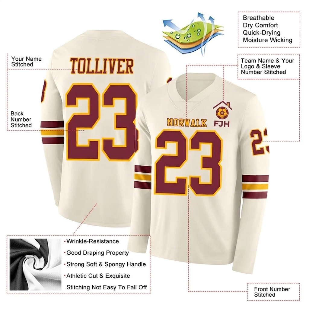 Custom Cream Burgundy-Gold Long Sleeve Authentic Football Jersey image 2