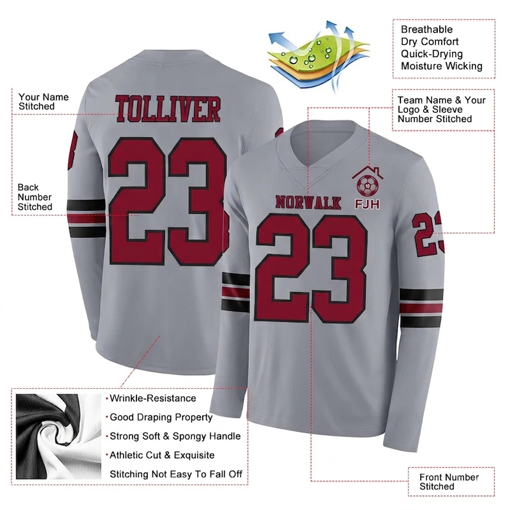 Custom Gray Crimson-Black Long Sleeve Authentic Football Jersey image 1