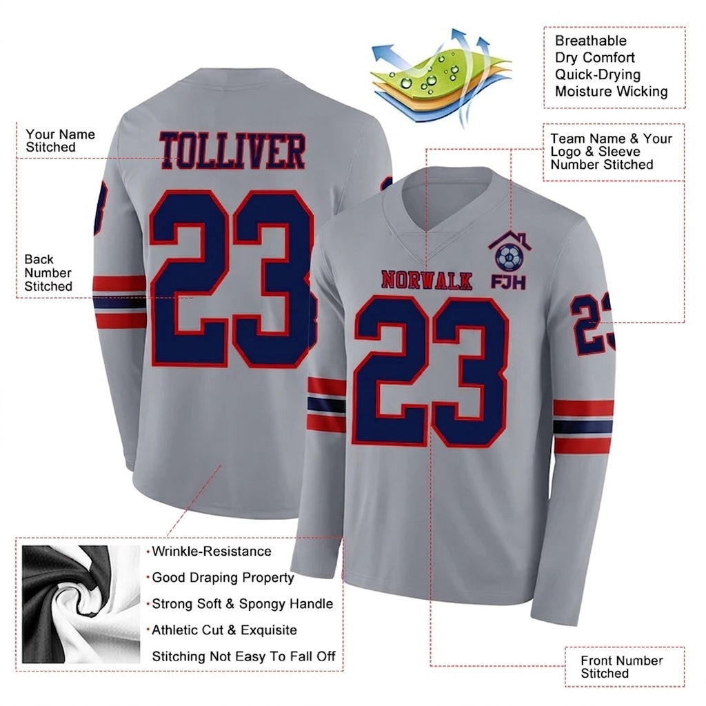 Custom Gray Navy-Red Long Sleeve Authentic Football Jersey image 2