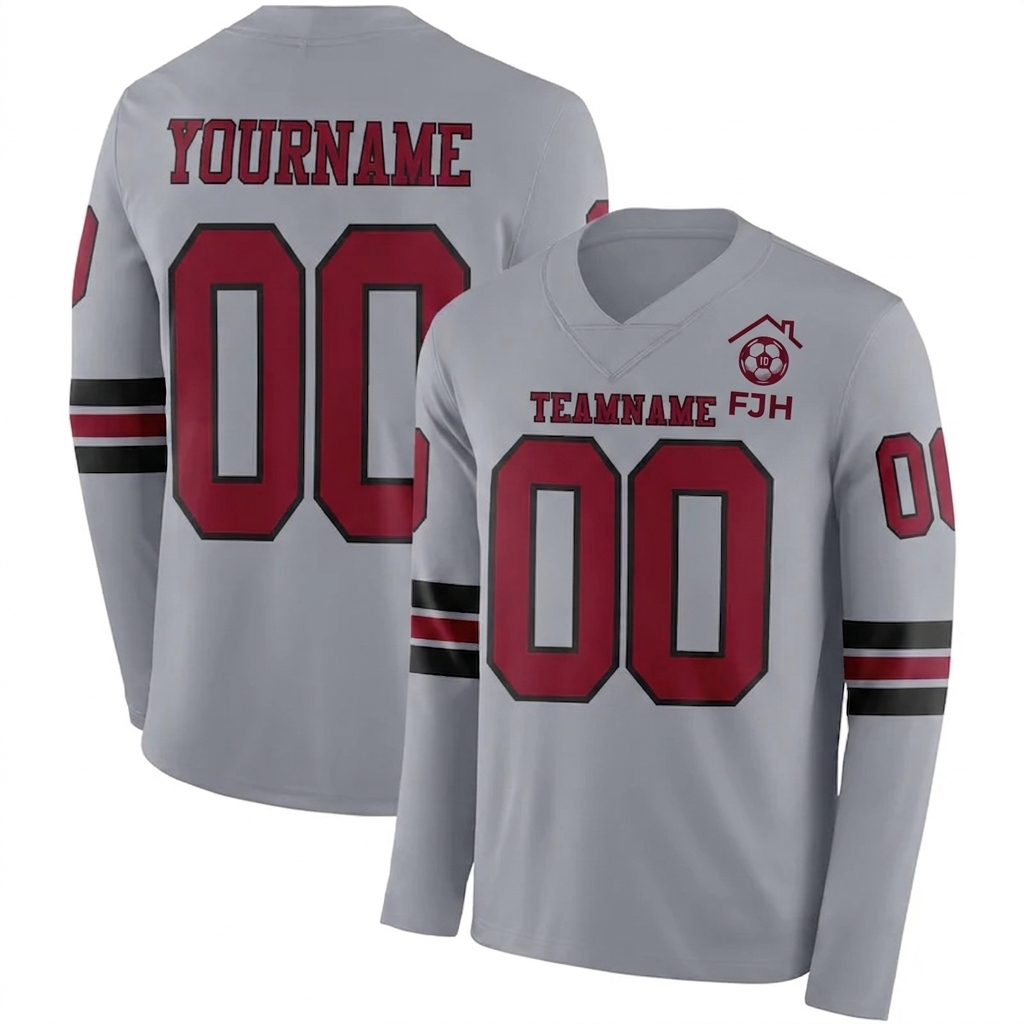 Custom Gray Crimson-Black Long Sleeve Authentic Football Jersey image 2