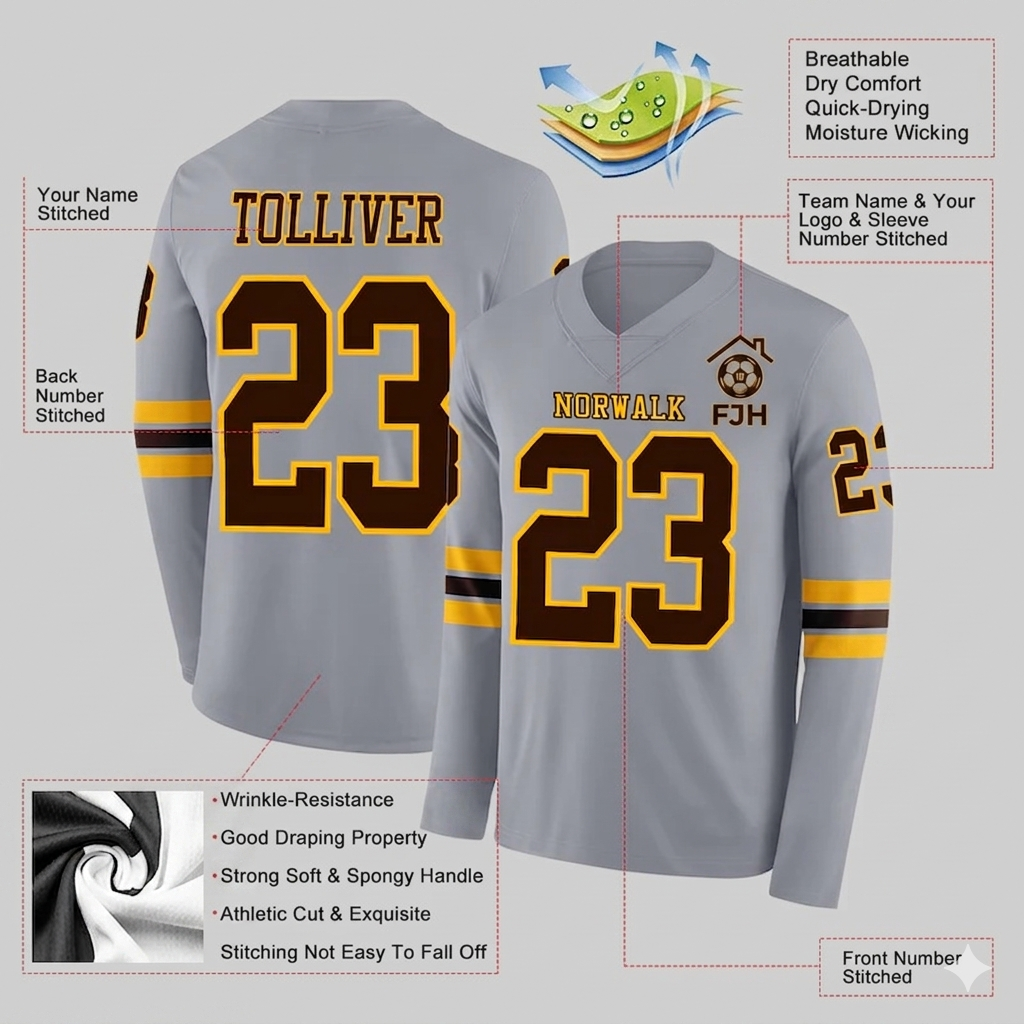 Custom Gray Brown-Gold Long Sleeve Authentic Football Jersey image 2