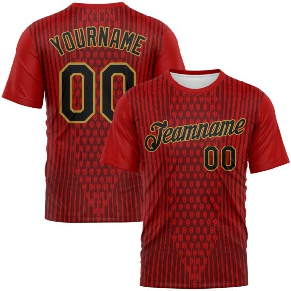 Custom Red Black-Old Gold Pixel Vertical Stripe Hexagon Performance T-Shirt